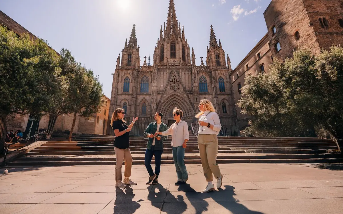Visitors in front of Barcelona Cathedral in the Gothic Quarter