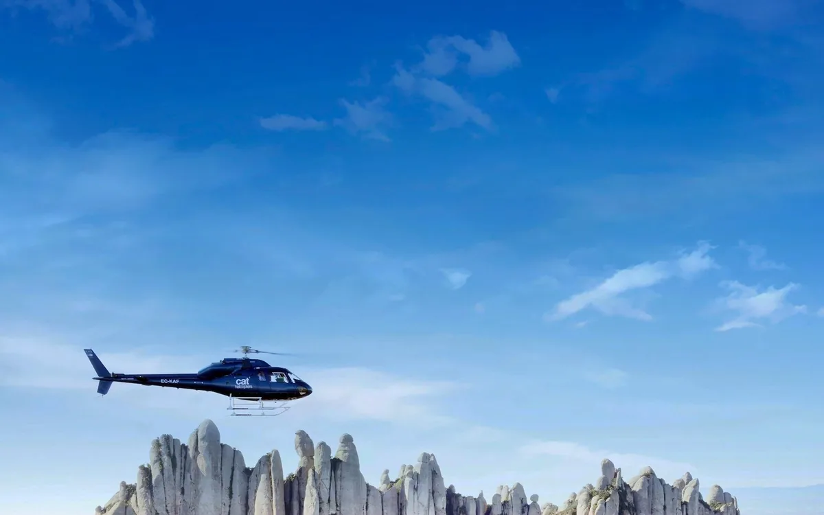 The rock pinnacles of Montserrat seen from a helicopter
