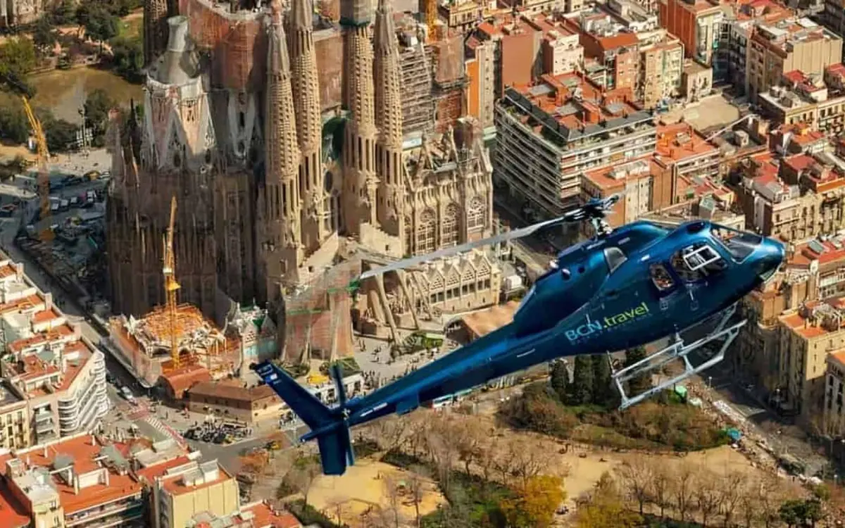 The Sagrada Fam&iacute;lia seen from a helicopter over Barcelona