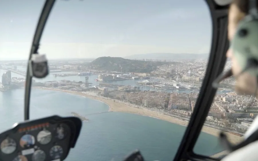 The Barcelona coast and beaches seen from a helicopter cabin